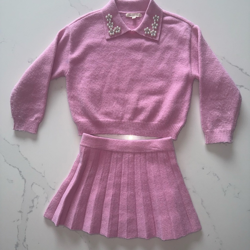 Copper Key Pink Pearl-Collar Sweater and Pleated Skirt Set